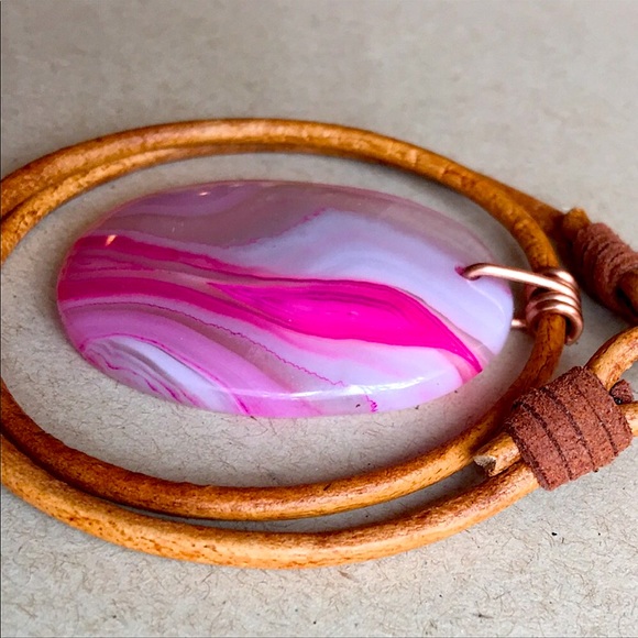 NEW Polished Agate Stone Pendant Copper Wire Wrap 16" Boho Choker Necklace - Picture 4 of 10